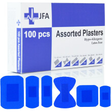 JFA Medical Blue Detectable Plasters – Assorted 6 Sizes, 100 Count (Low Allergy, CE Certified, Long Expiry)