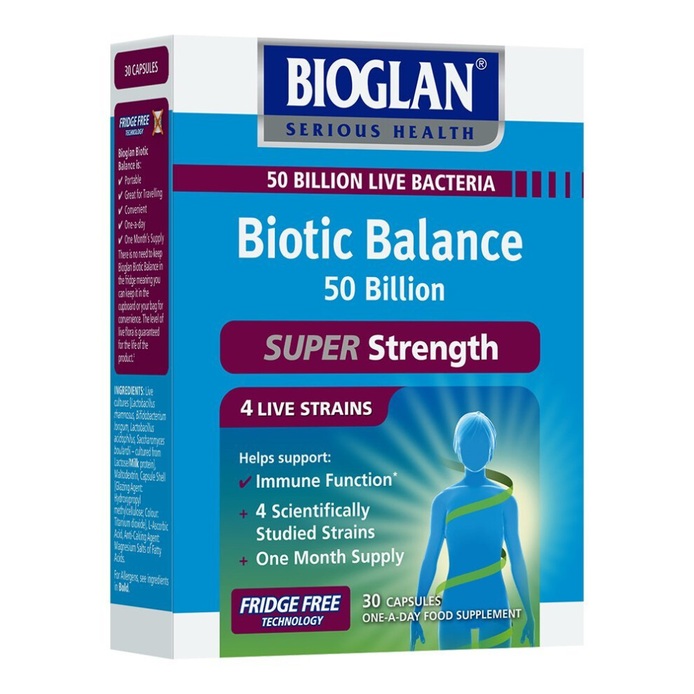 Bioglan Biotic Balance 50 Billion CFU, with Vitamin C for Digestive Health and Immune Support, Super Strength, 4 live strains, fridge free, one...