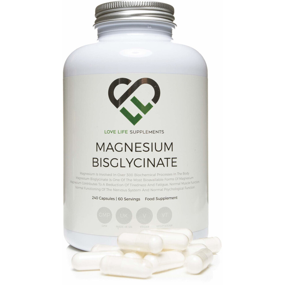 LLS Magnesium Bisglycinate (Chelated) | Zero Bulking Agents | 2500mg (250mg Magnesium) | 240 Capsules / 60 Servings | Highly Bioavailable Form of...