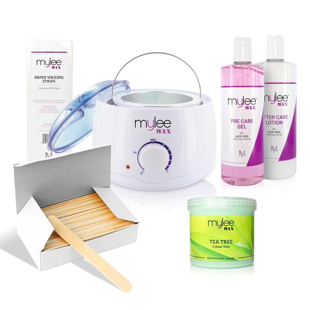 Mylee Complete Waxing Kit with Heater + Strips + Spatulas + Pre & After Care Lotion (Kit + Tea Tree Wax)