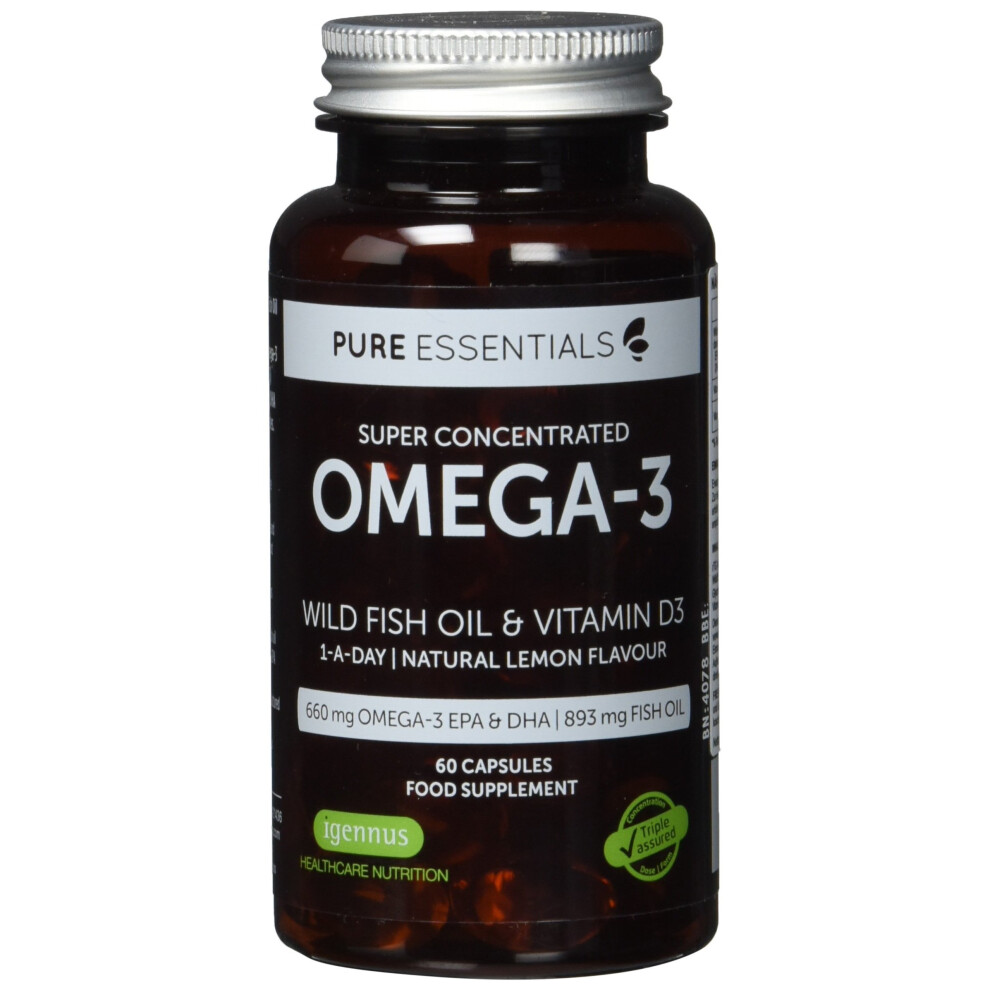 Pure Essentials Omega-3 Wild Fish Oil & Vitamin D3, High Strength Omega-3 EPA & DHA, Triglyceride, Lemon, 60 capsules