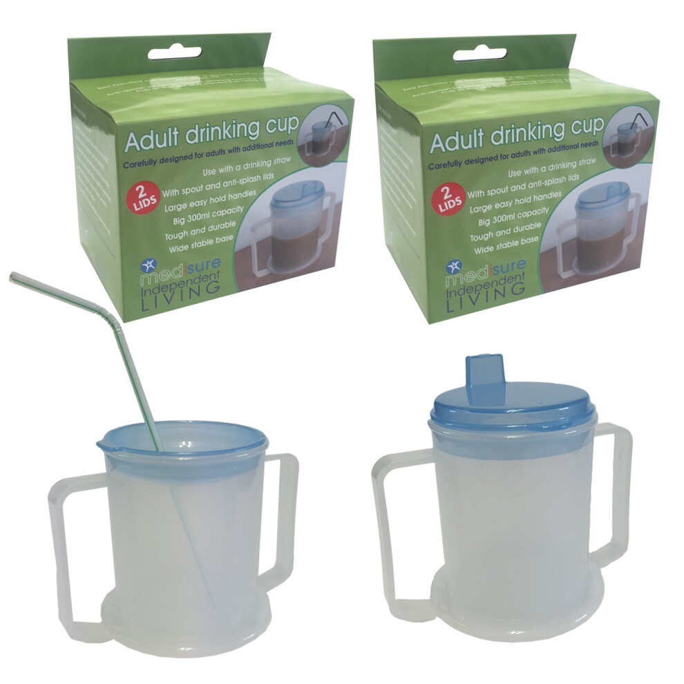 TWIN PACK MEDISURE ANTI-SPLASH ELDERLY OAP DURABLE REUSEABLE WIDE BASE LARGE HANDLES 300ML ADULT DRINKING CUP MUG