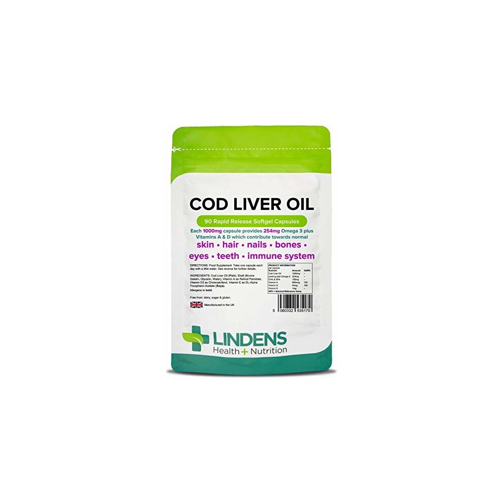 Lindens Cod Liver Oil 1000mg Capsules | 90 Pack | High in Omega 3, Vitamins A & D contributes Towards Normal Skin, Hair, Nails, Bones, Eyes, Teeth,...