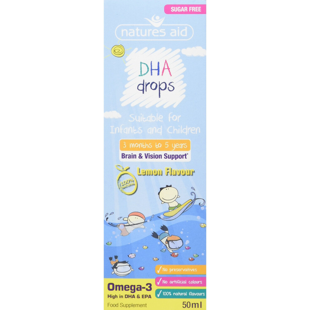 Natures Aid Omega-3 DHA Drops for Infants and Children (50 ml, Lemon Flavour, High in DHA, Dropper Included, Sugar Free, Sustainably Sourced, Made...