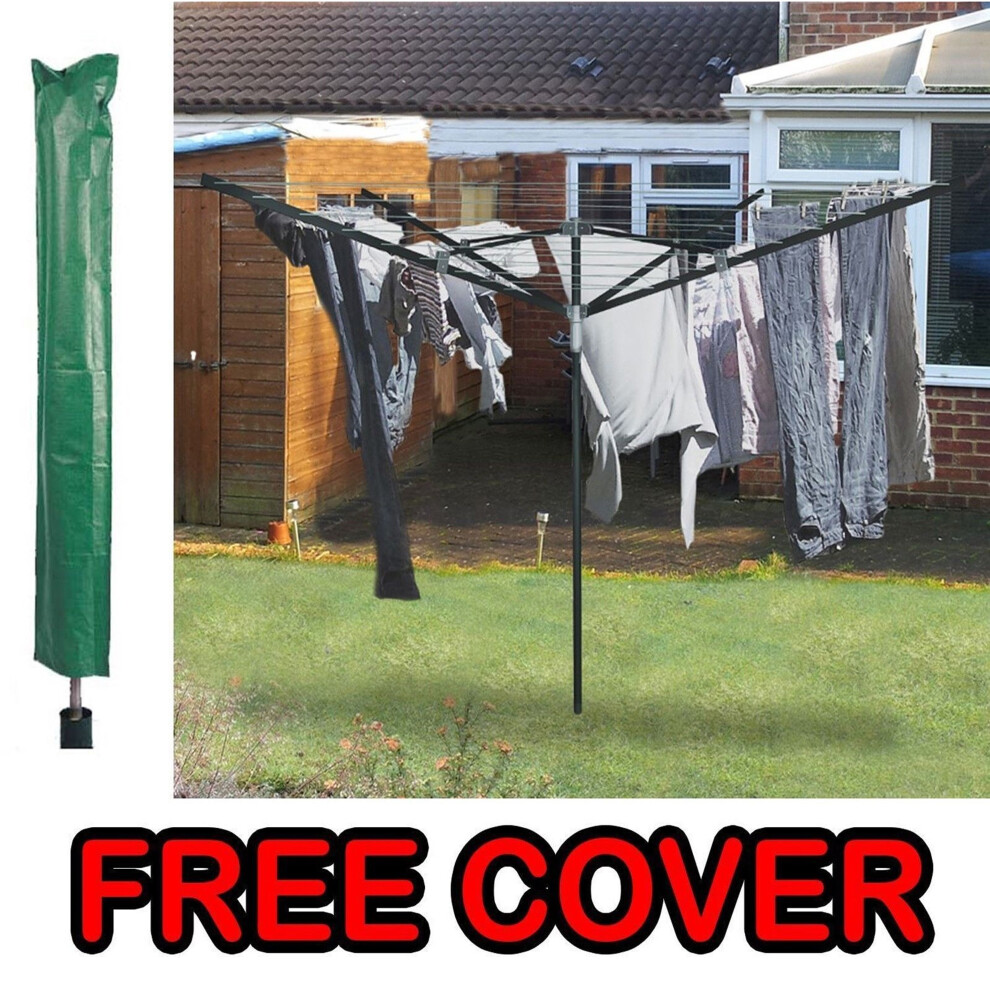 4 Arm 50M Rotary Outdoor Washing Line Airer Clothes Dryer + Free Cover & Spike