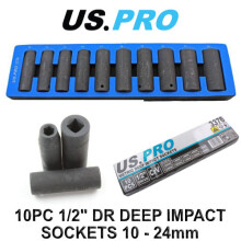 US PRO 10pc 1/2" dr 6pt Deep Impact Sockets Metric 10 - 24mm 3376