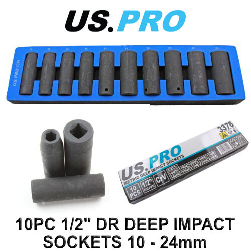us pro US PRO 10pc 1/2" dr 6pt Deep Impact Sockets Metric 10 - 24mm 3376