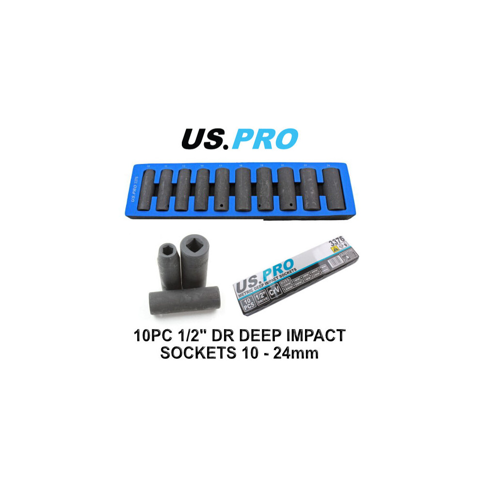US PRO 10pc 1/2" dr 6pt Deep Impact Sockets Metric 10 - 24mm 3376