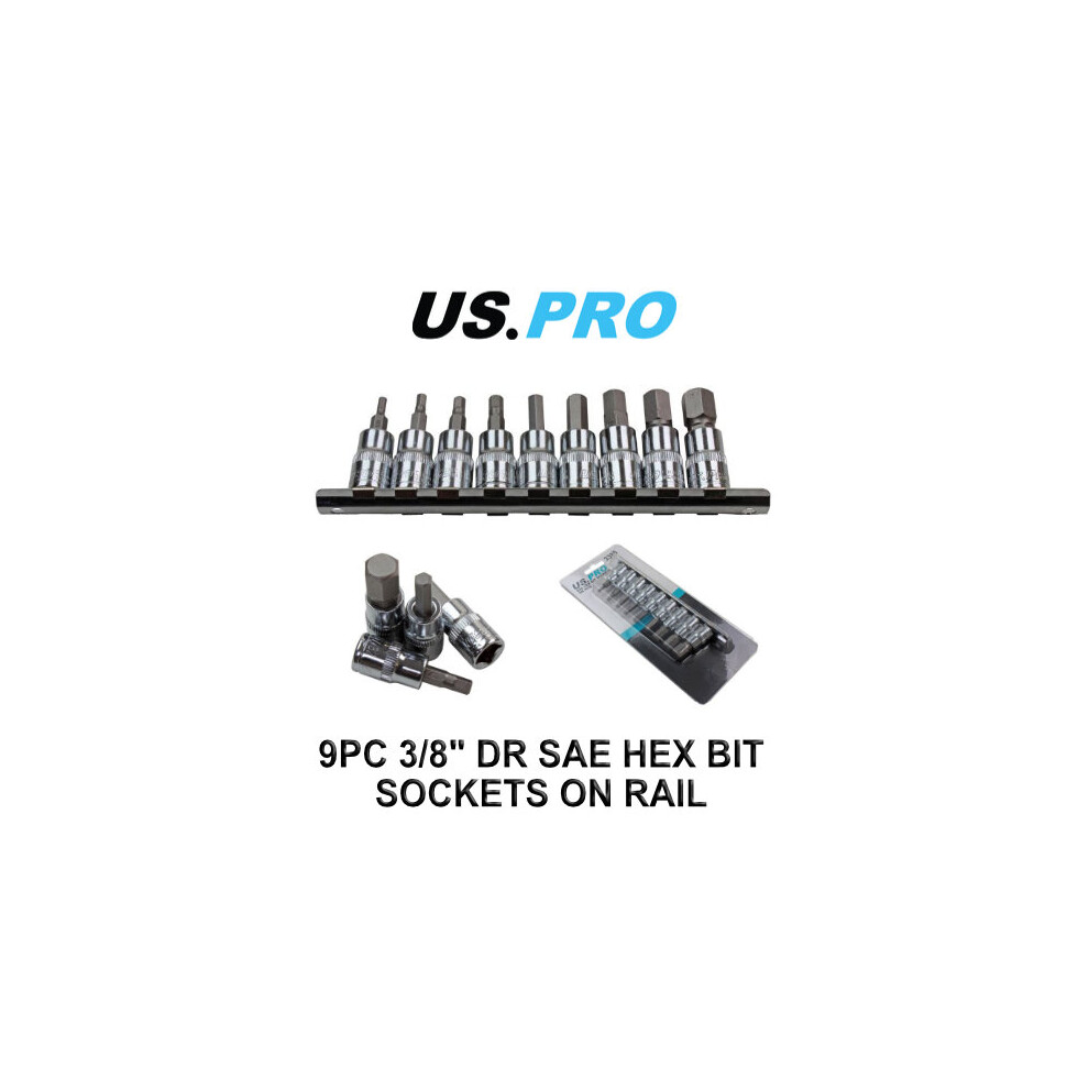 US PRO 9pc 3/8" dr SAE / Imperial Hex, Allen Bit Sockets Socket Rail