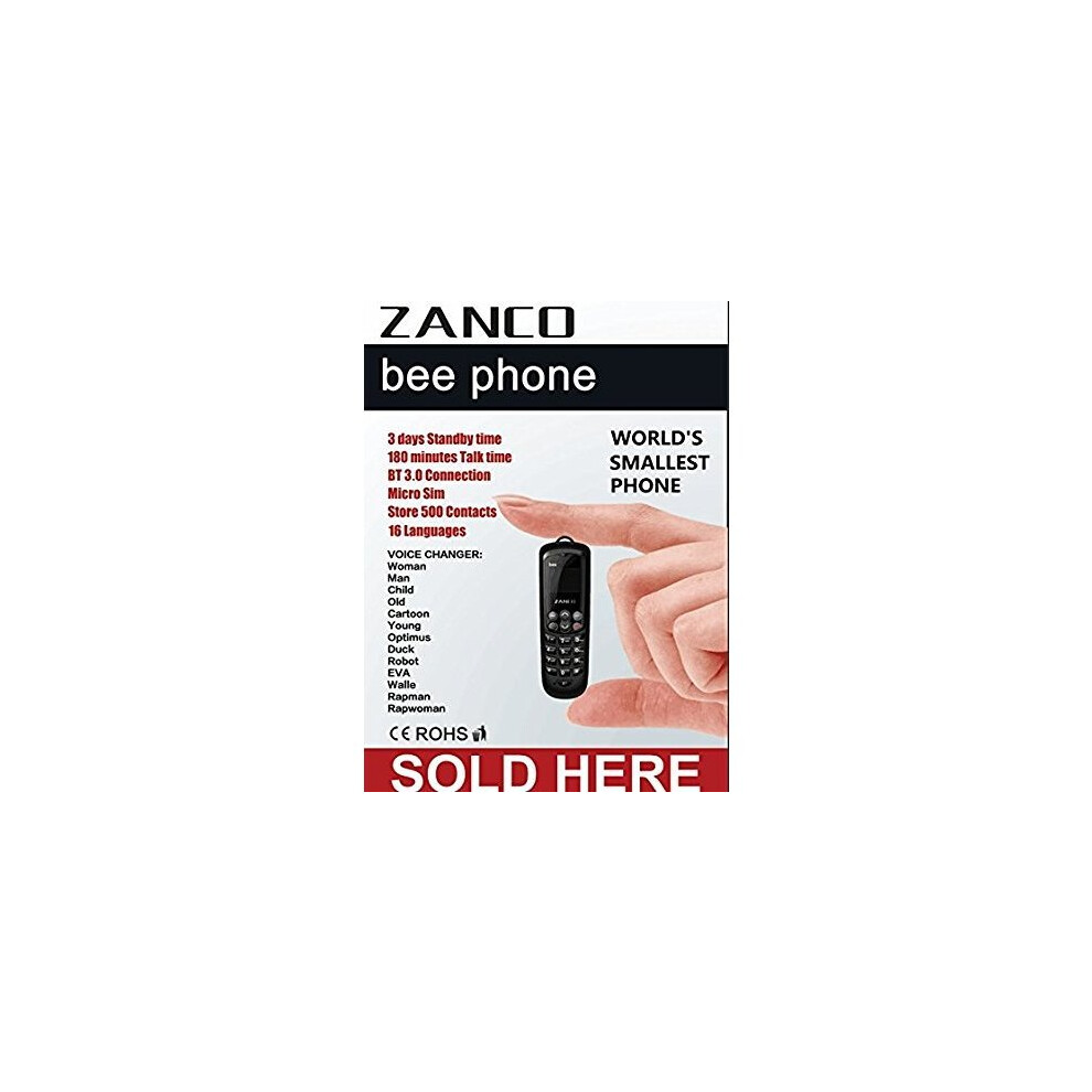2019 Zanco Bee (B33) Phone Worlds Smallest Thinnest Mobile 13 Voice Changers Sms Bt Music Bt Dialer Mp3 Unlocked Ce Rohs Wcdma & Gsm Plastic Sold... 718768799172