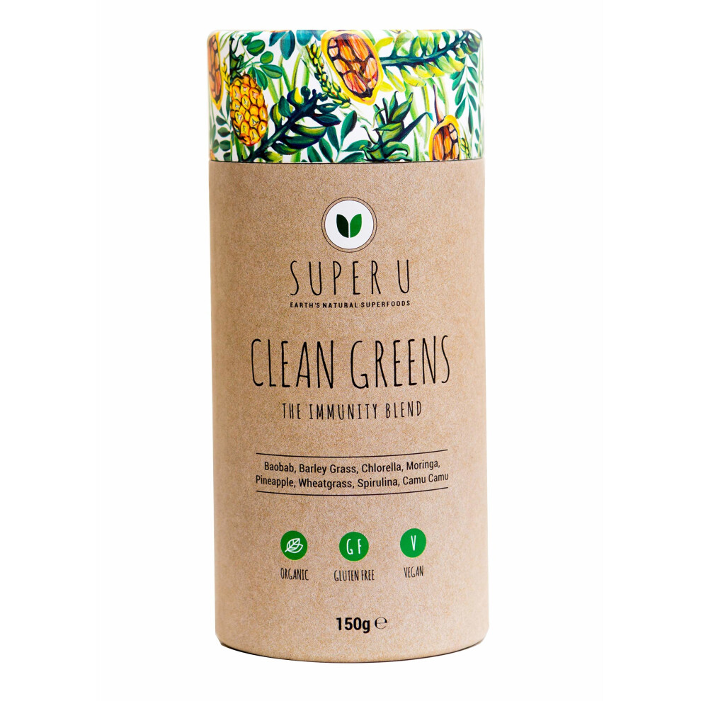 Super U Clean Greens | Organic Super Green Powder 150g | Vegan, Dairy & Gluten Free Green | Green Detox Powder Supplement | Clean Spirulina Baobab...