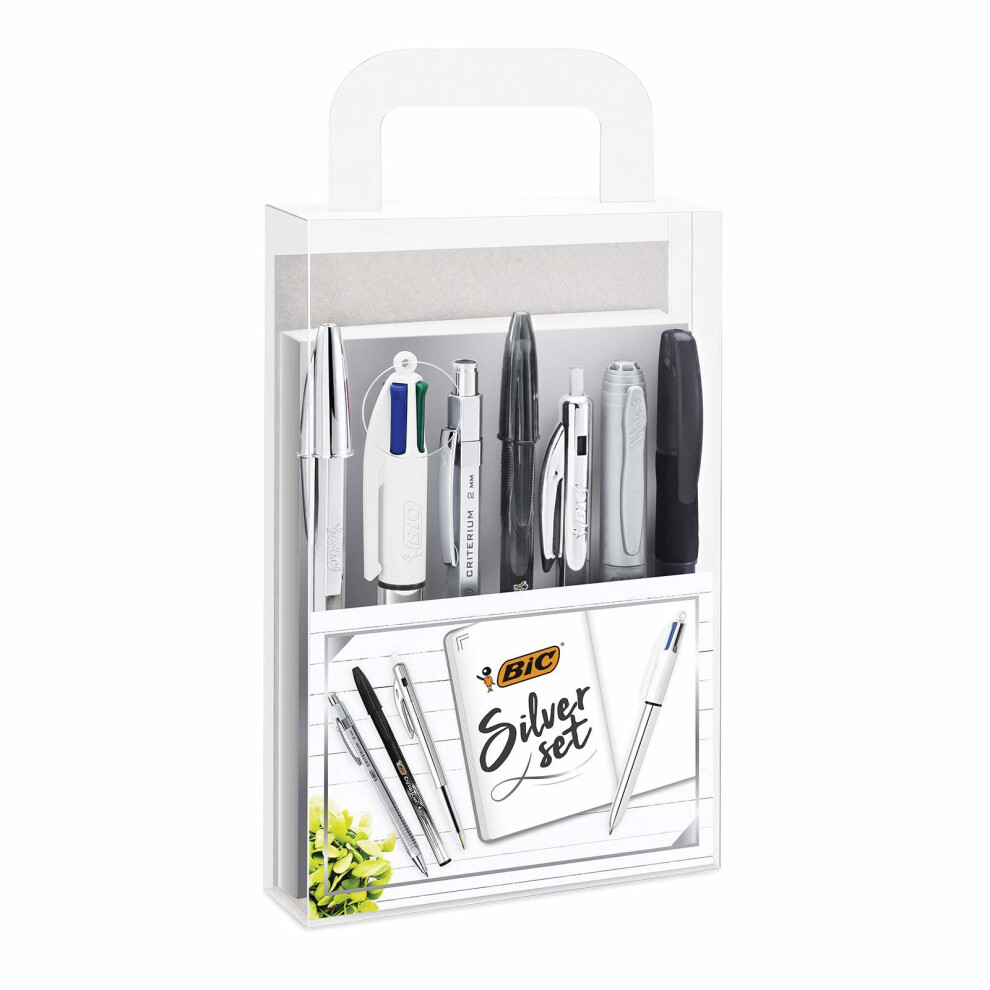 BIC Silver Line Set - 1 Notebook, 3 Ball Pens/1 Gel Pen/1 Roller Pen/1 Permanent Marker/ 1 Mechanical Pencil