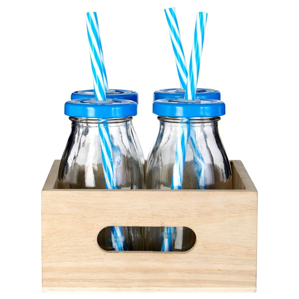 Elegant Blue Straws And Lids Glass Drinking Bottles, Convenient Clear Glass Jars, Versatile Glass Bottles