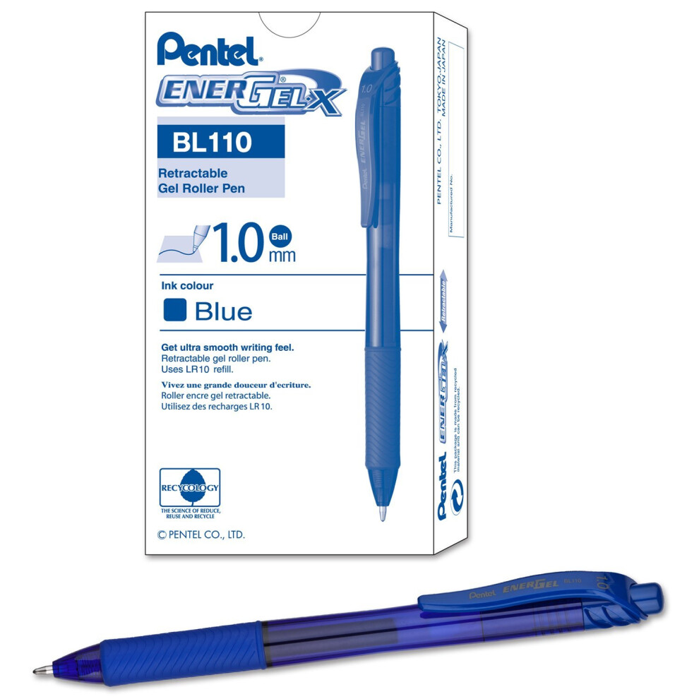 EnerGel X Retractable Gel Rollerball Pen, 1.00mm Tip, Blue Ink, (1 Pack of 12 Pens)