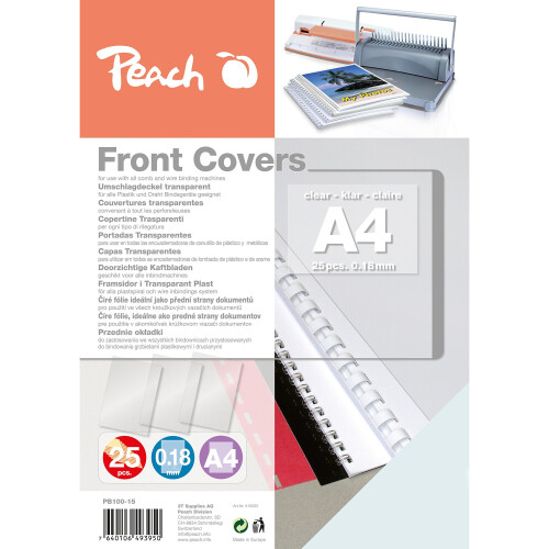Peach PB100 15 Clear Binding Covers, 0.7 mm, A4, 25 sheets, Clear