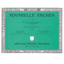 Akvarelov papier ARCHES 18 x 26 cm, 300 g/m   , lisovan    za studena, lepen    zo 4 str   n - pr   rodn    biela (balenie 20 listov)
