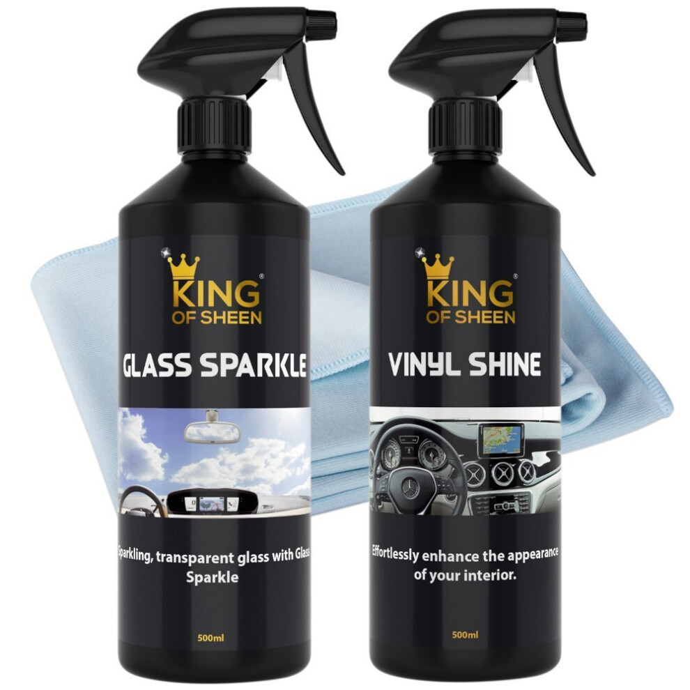 King Of Sheen Interior Car Cleaning Kit - Vinyl Shine 500Ml And Glass Sparkle 500Ml + Professional Glass Microfibre Cloth 726811465943