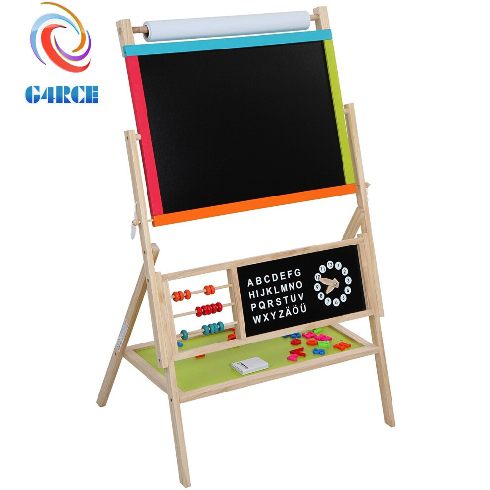 G4RCE KIDS CHILDRENS WOODEN 3 IN 1 BLACKBOARD WHITEBOARD & PAPER ROLL EASEL CHALK DRAWING BOARD