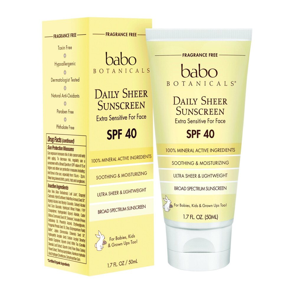 Babo Botanicals SPF 40 Daily Sheer Facial Sunscreen, Unscented, 1.7oz, Best Natural Mineral Sunscreen, Non-Nano, Sensitive