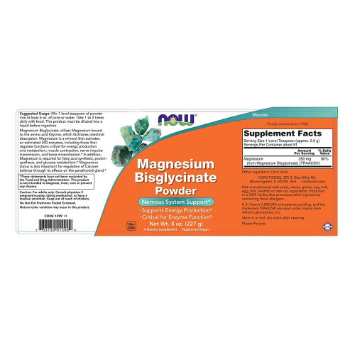 NOW Foods NOW Foods Supplements Magnesium Bisglycinate Powder Enzyme Function* Nervous System Support* 8-Ounce 1