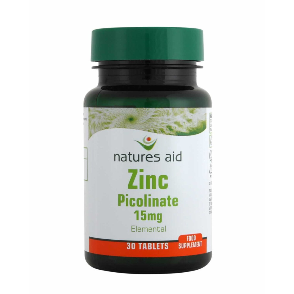 Natures Aid Zinc Picolinate (15mg, 30 Elemental Vegan Tablets)