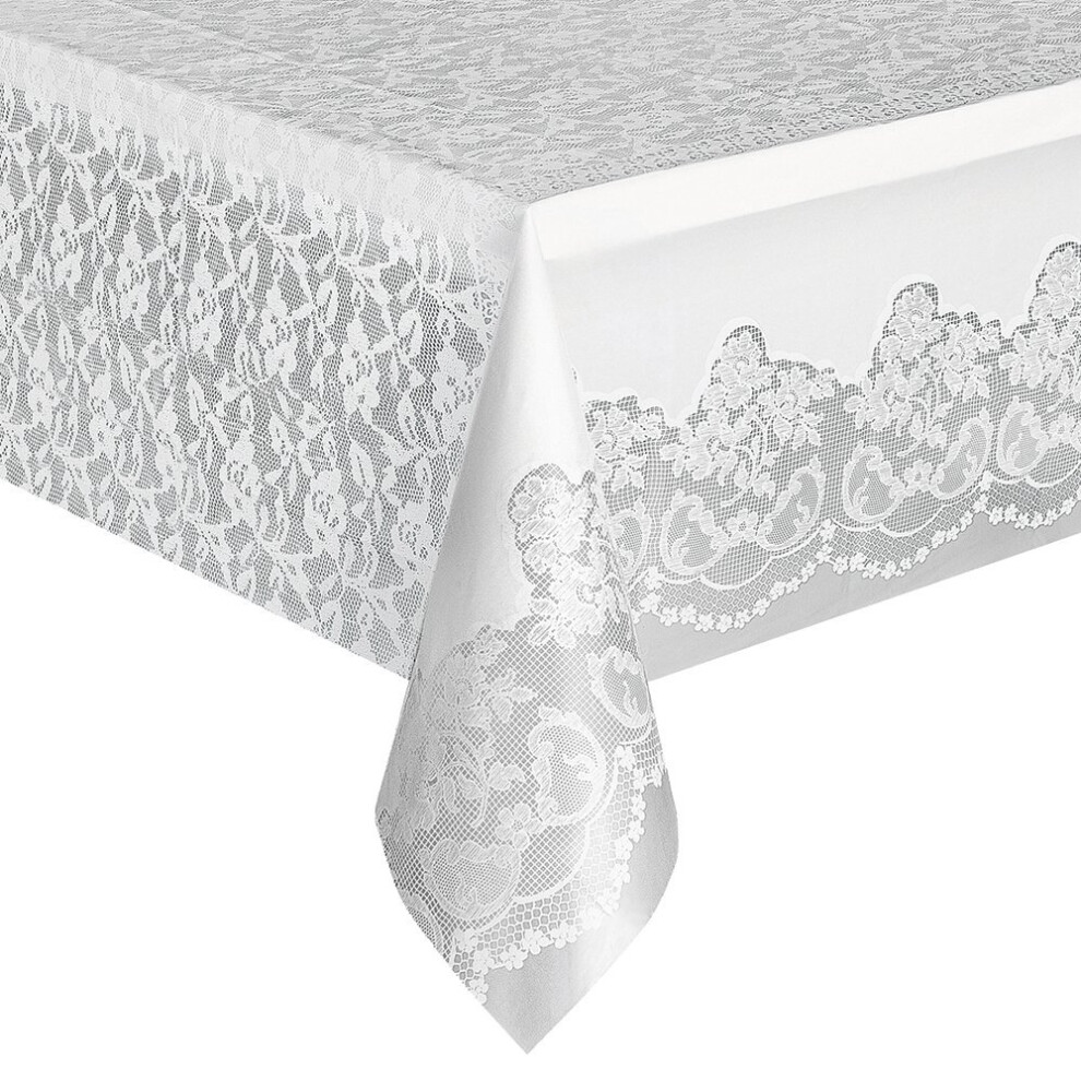 Unique Party  5075  - White Lace Plastic Tablecloth, 9ft x 4.5ft