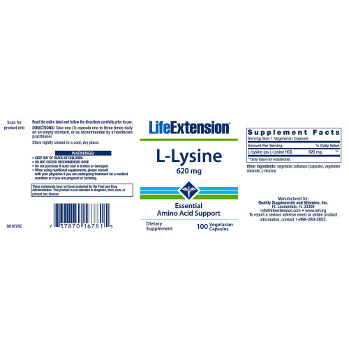 Life Extension L Lysine, 620Mg, 100 VEG Capsules 1