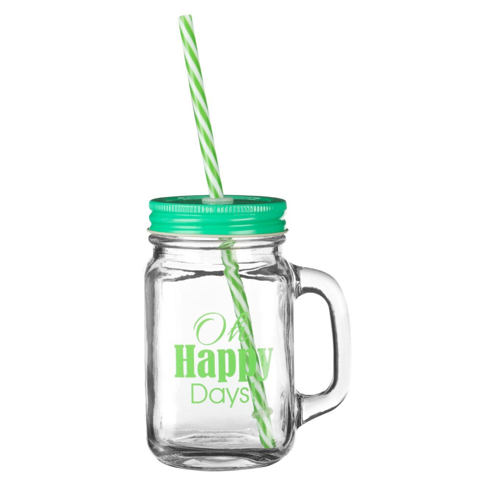 Premier Housewares Square Happy Days Jar Mug With Drinking Straw, 450 Ml Green