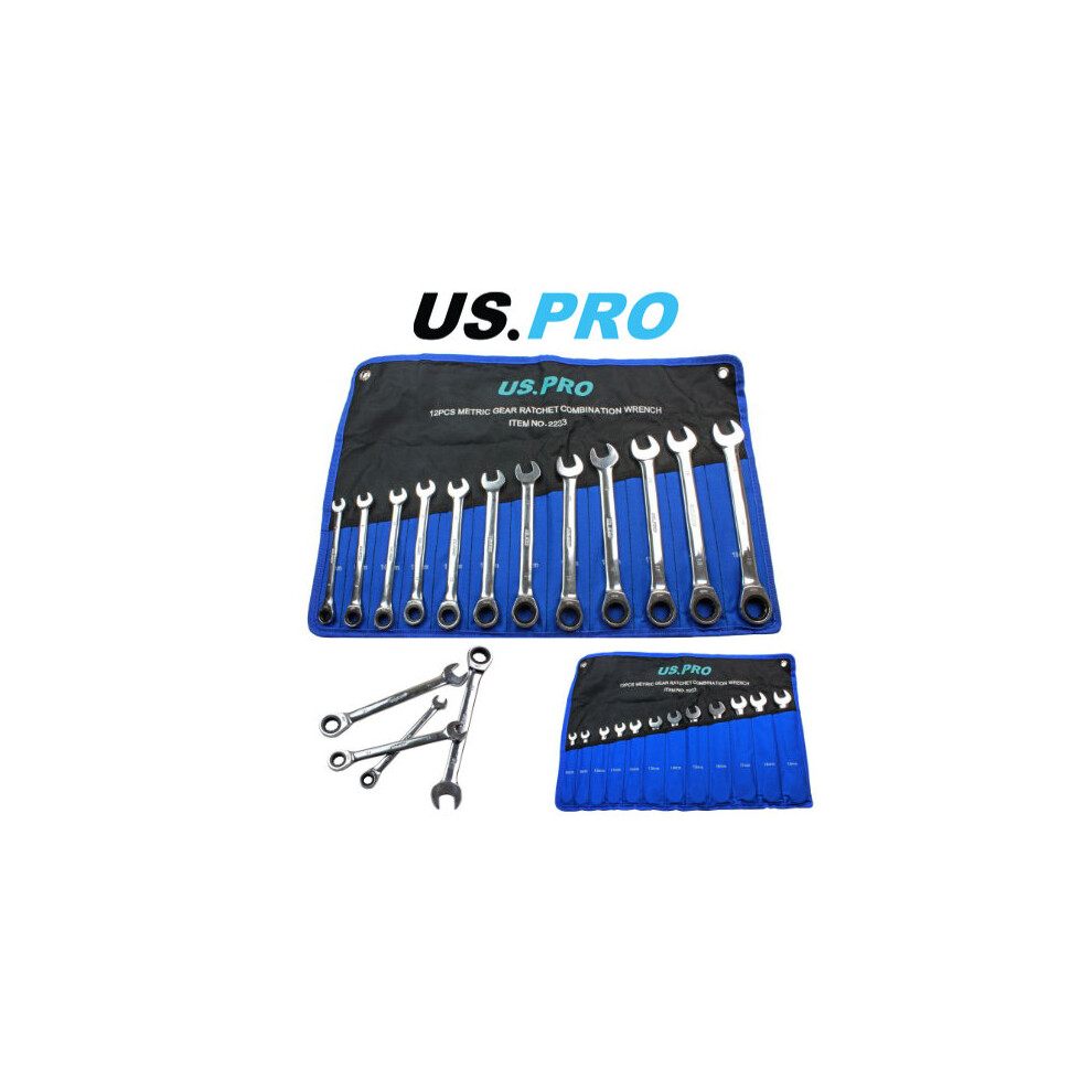 US PRO 12pc Metric Gear Ratchet Combination Spanner Wrench Set 8-19mm