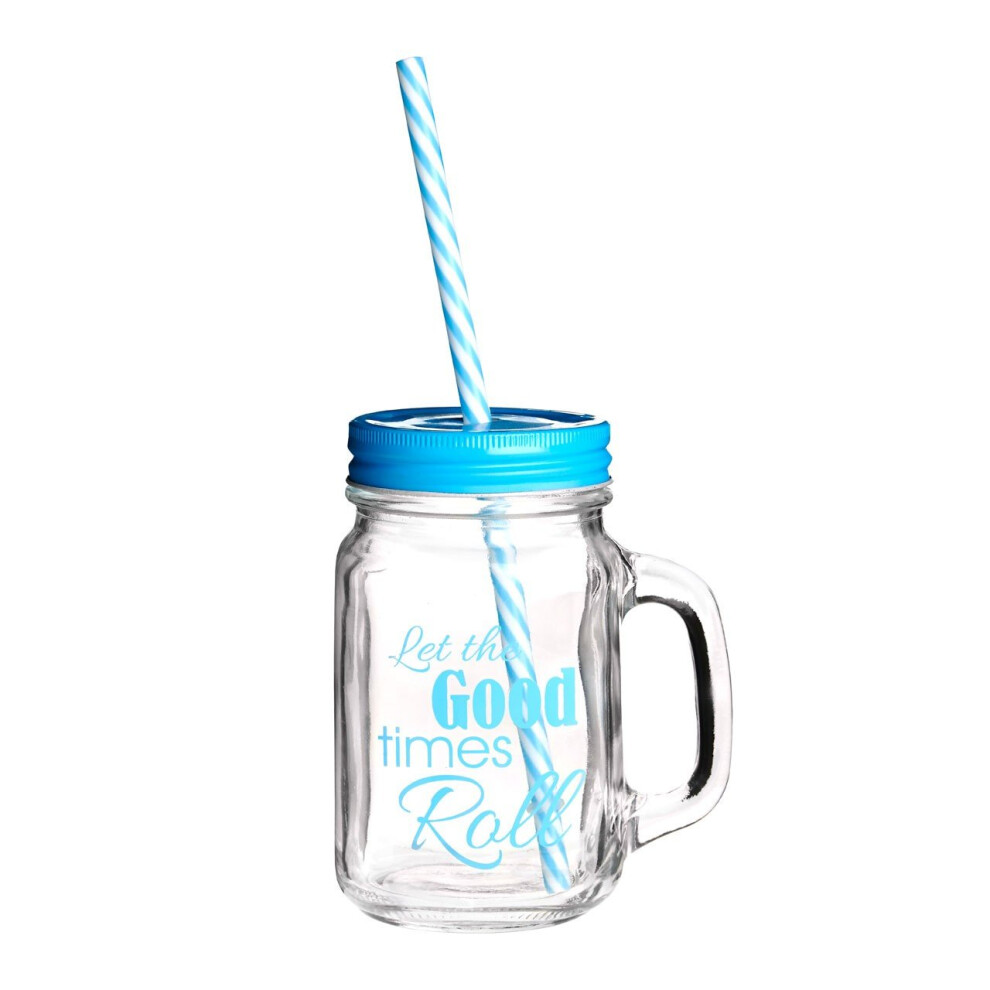 Premier Housewares Square Good Time Jar Mug With Drinking Straw, 450 Ml Blue