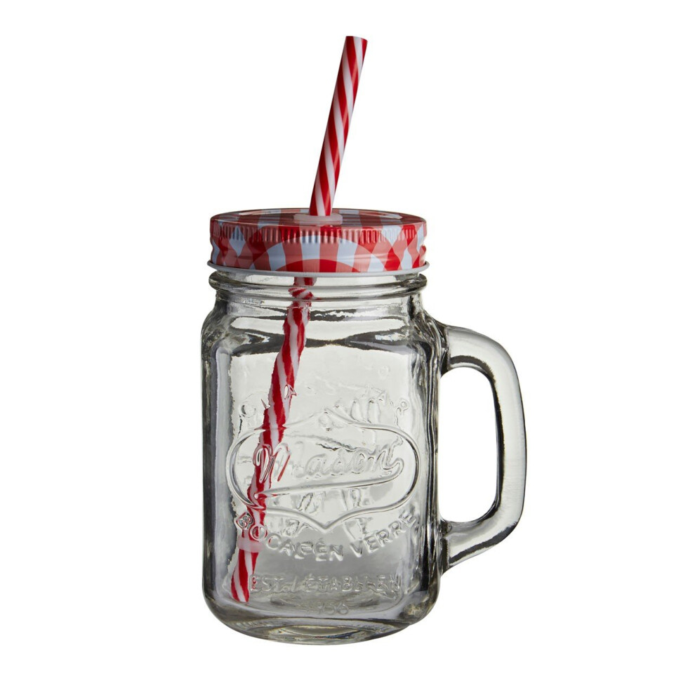 Embossed Mason Jar Mug With Red Gingham Lid and Straw, 450 ml