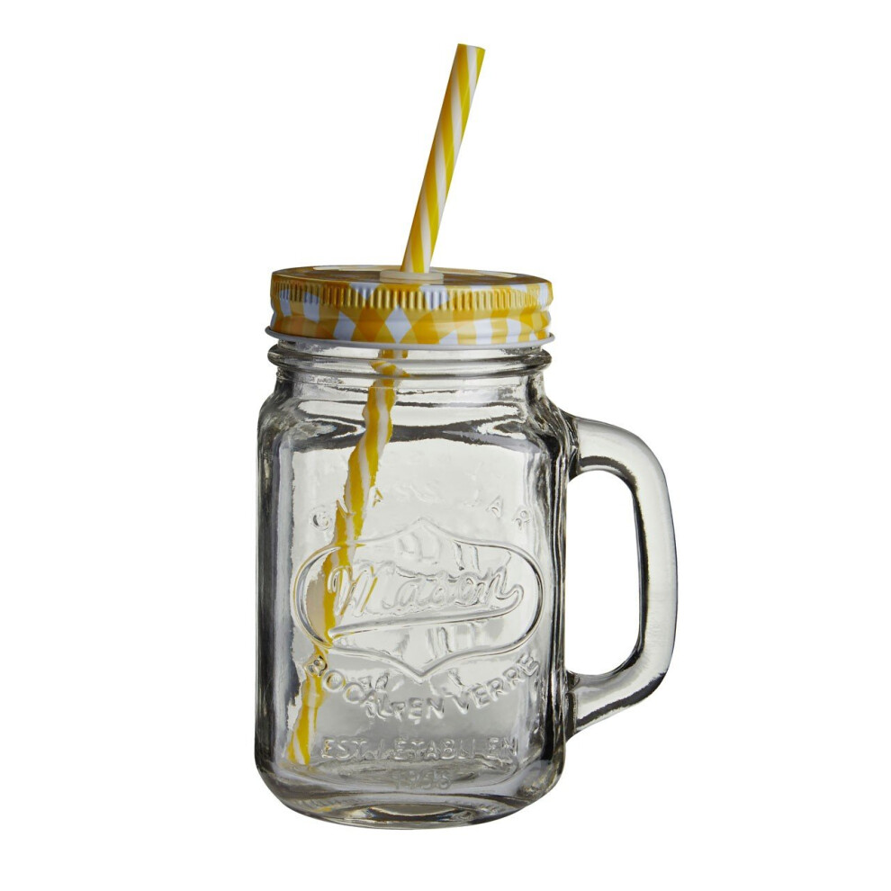 Versatile Embossed Coloured Mason Jar Mug With Yellow Lid, Embossed Clear Glass Bottle With Metal Lid