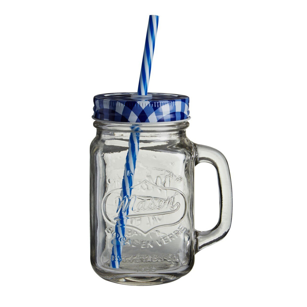 Versatile Embossed Coloured Mason Jar Mug With Blue Gingham Lid, Embossed Glass Bottle With Metal Lid