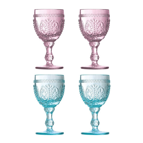 Set Of 4 Fleur Wine Glasses, 200 ml, Pink & Blue
