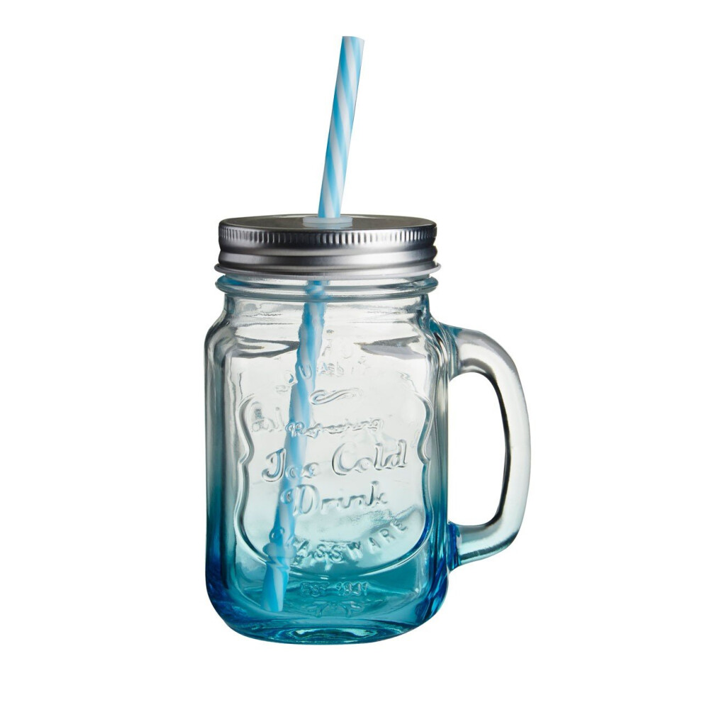 (Blue) Embossed Mason Jar Mug Coloured Glass With Matching Lid