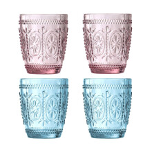 Set Of 4 Fleur 280 ml Glass Tumblers, Pink & Blue