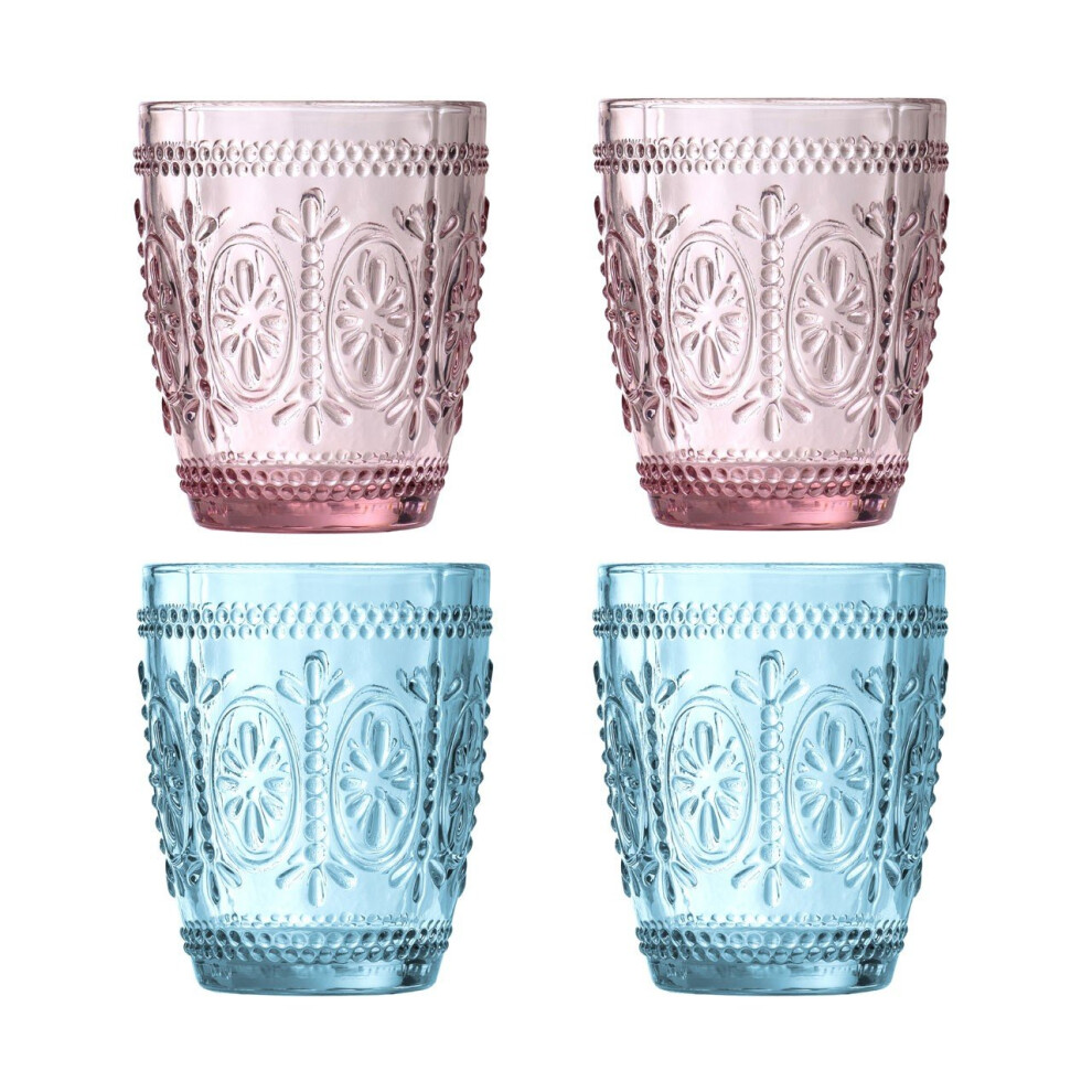 Set Of 4 Fleur 280 ml Glass Tumblers, Pink & Blue