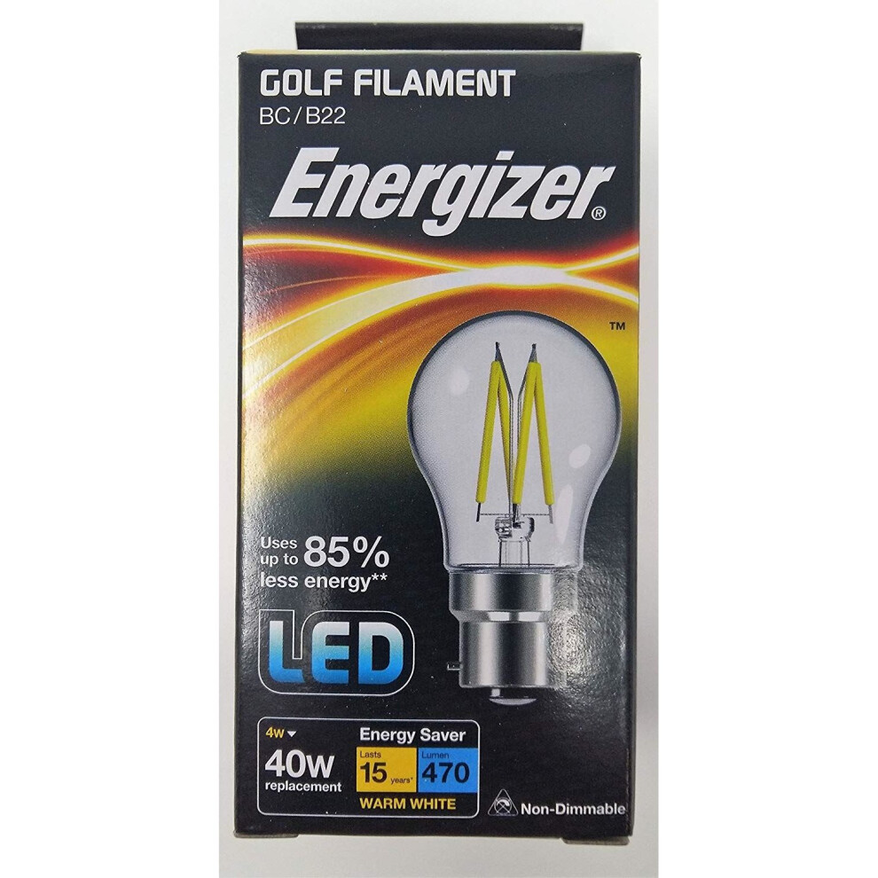 1 X Energizer Filament LED Golf Bulb  BC B22 4W = 40W 470Lumen Warm White Bayonet Cap [Energy Class A+]