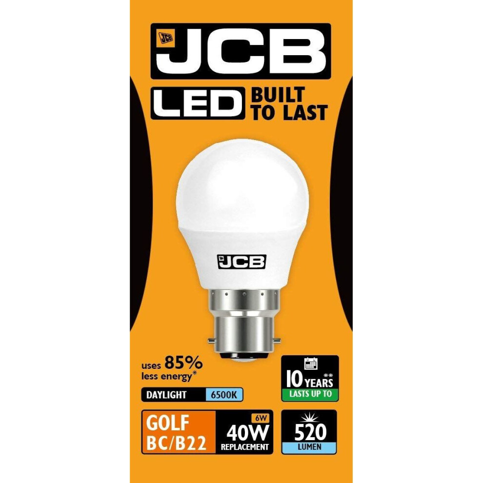 1 X JCB LED 6w = 40w BC/B22 Golf Ball Bulbs Bayonet Cap 520lm Daylight 6500k Non Dimmable [Energy Class A+]