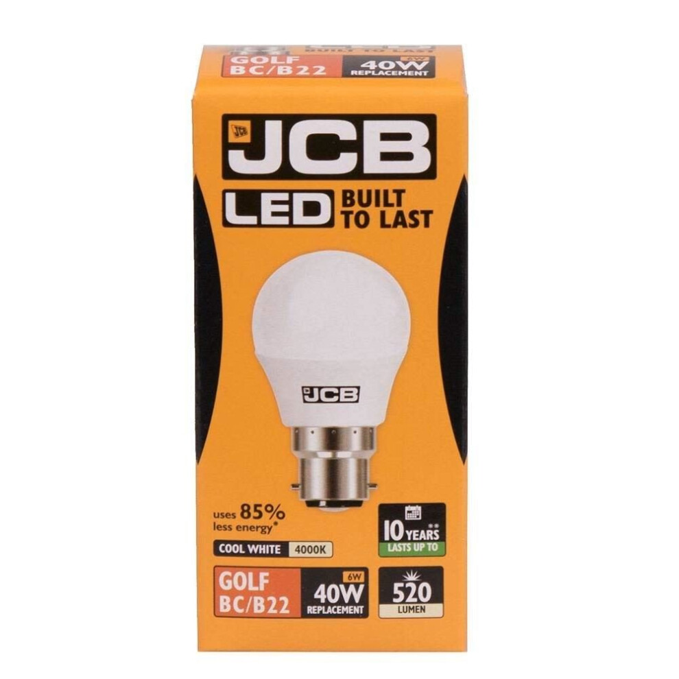 1 X JCB LED 6w = 40w BC/B22 Golf Ball Bulbs Bayonet Cap 520lm Cool White 4000k Non Dimmable [Energy Class A+]