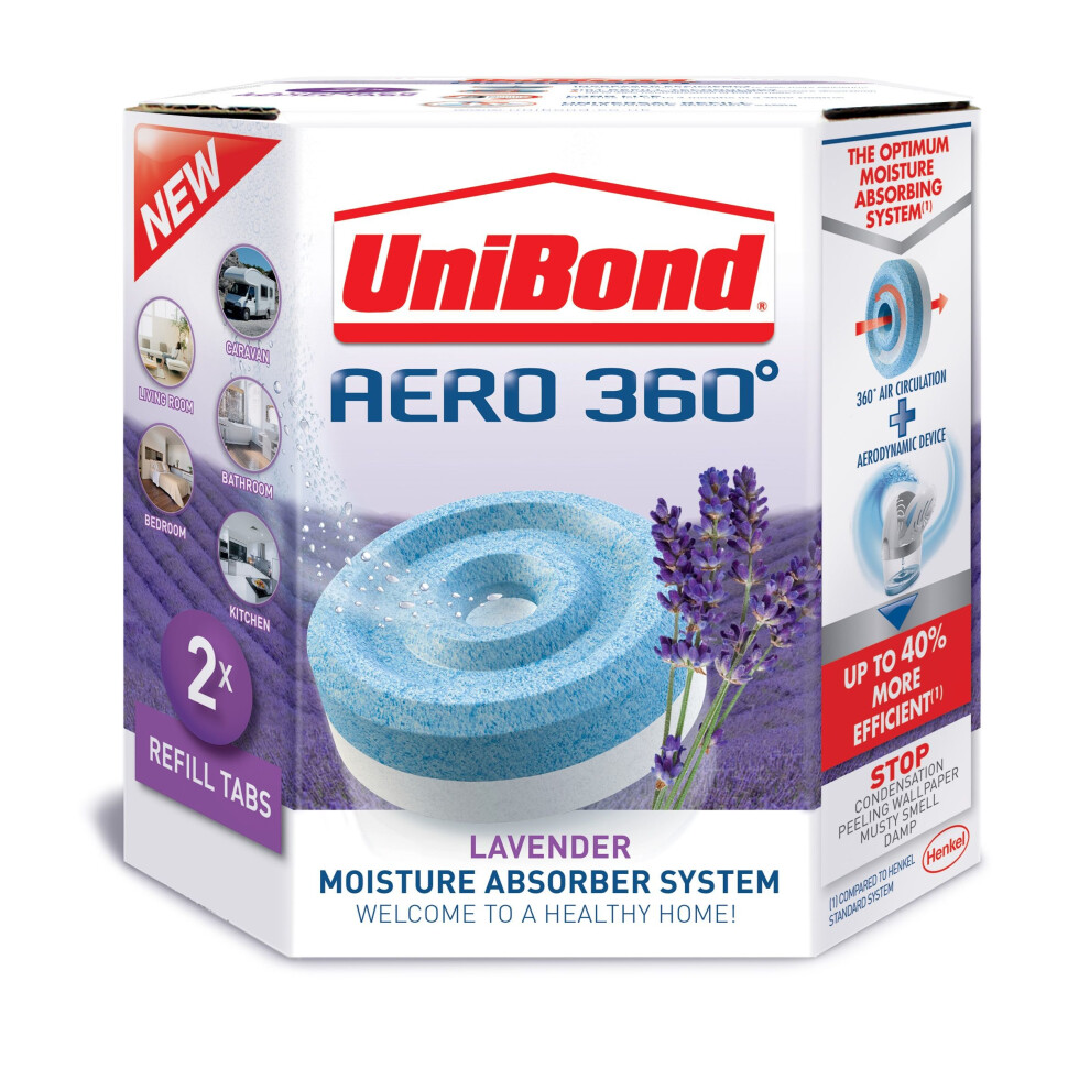 (1PK (2x 450g Refills)) UniBond Aero 360 Moisture Absorber Relaxing Lavender Refill Tabs (2x 450g per pk)