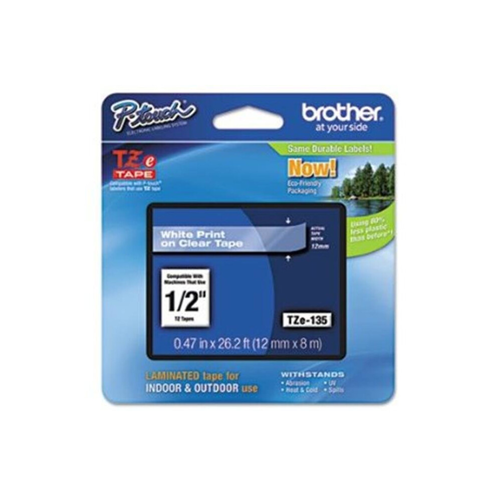 Brother TZE135 TZe Standard Adhesive Laminated Labeling Tape  1/2w  White on Clear