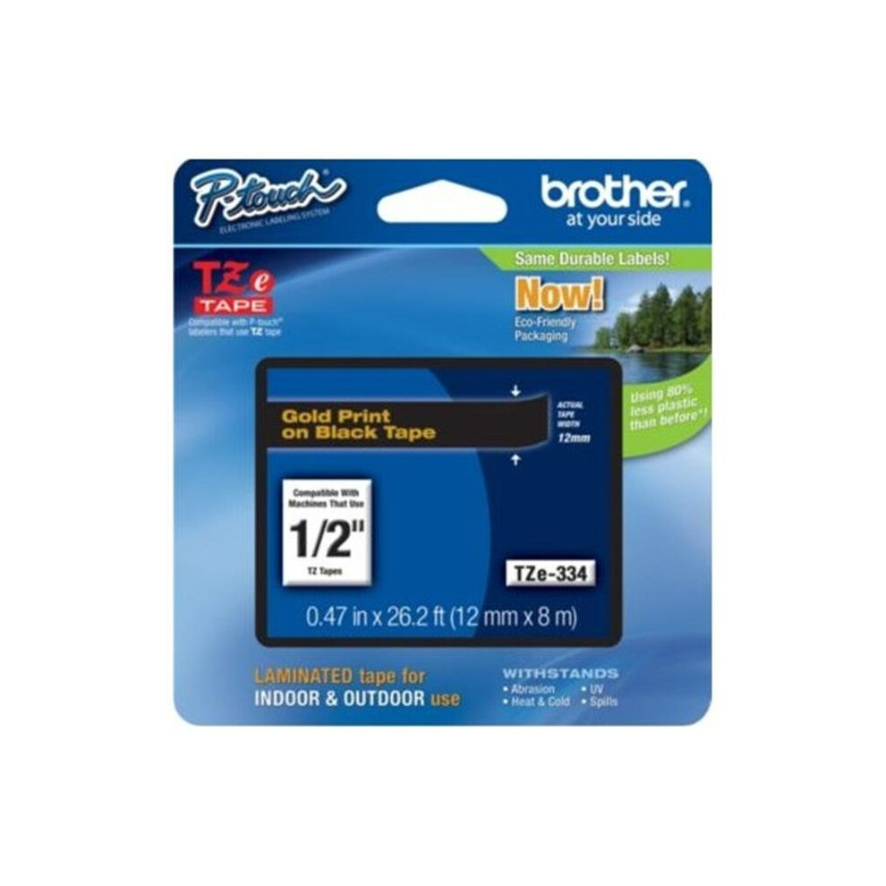 Brother TZE334 TZe Standard Adhesive Laminated Labeling Tape  1/2w  Gold on Black