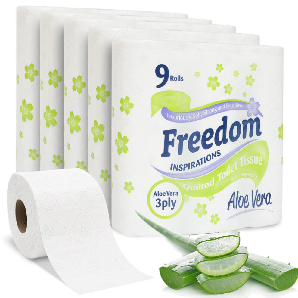 (Aloe Vera) Freedom Inspirations Luxury 3Ply Toilet Roll - 45 Quilted Shea Butter Triple Soft and Scented Hygiene Bulk White Toilet Tissue and Loo Rol