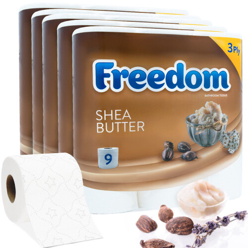 (Shea Butter) Freedom Inspirations Luxury 3Ply Toilet Roll - 45 Quilted Shea Butter Triple Soft and Scented Hygiene Bulk White Toilet Tissue and Loo Rolls