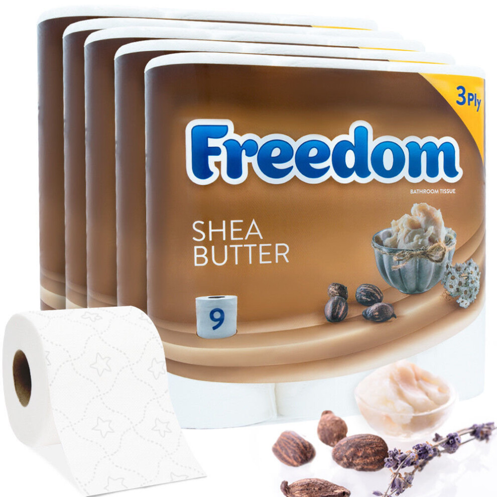 (Shea Butter) Freedom Inspirations Luxury 3Ply Toilet Roll - 45 Quilted Shea Butter Triple Soft and Scented Hygiene Bulk White Toilet Tissue and Loo R