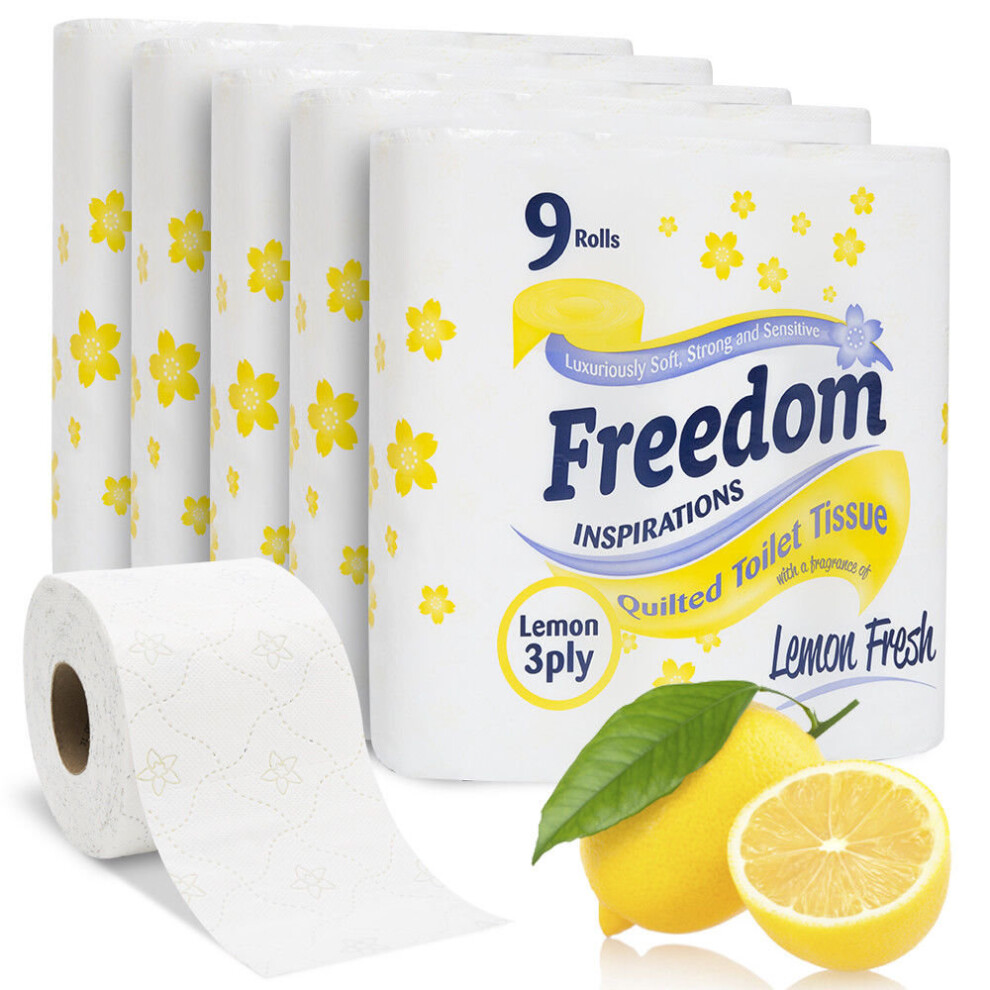 (Lemon) Freedom Inspirations Luxury 3Ply Toilet Roll - 45 Quilted Shea Butter Triple Soft and Scented Hygiene Bulk White Toilet Tissue and Loo Rolls