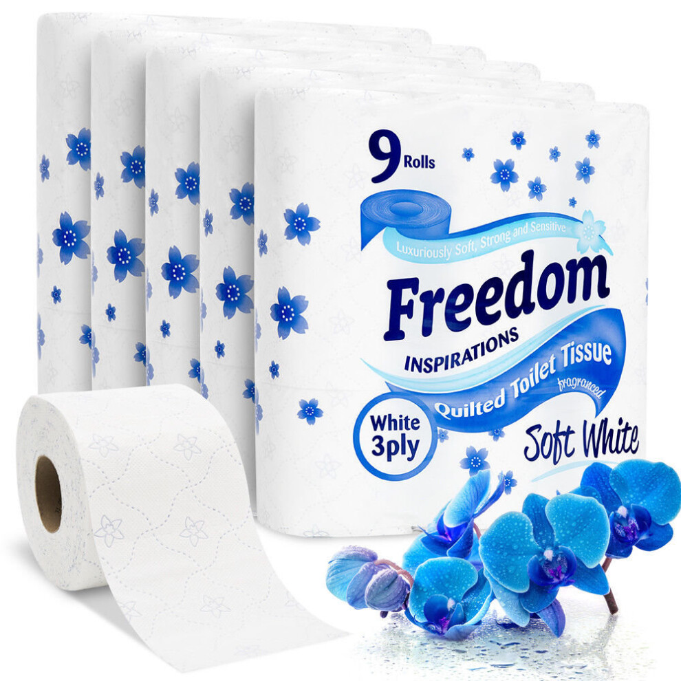 (White) Freedom Inspirations Luxury 3Ply Toilet Roll - 45 Quilted Shea Butter Triple Soft and Scented Hygiene Bulk White Toilet Tissue and Loo Rolls