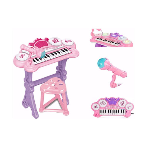 Kids Electronic Keyboard with Lights, 24 Learning Keys, Drums, Microphone & Stool