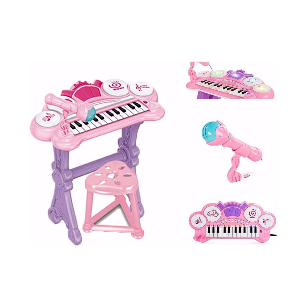 Kids Electronic Keyboard with Lights, 24 Learning Keys, Drums, Microphone & Stool